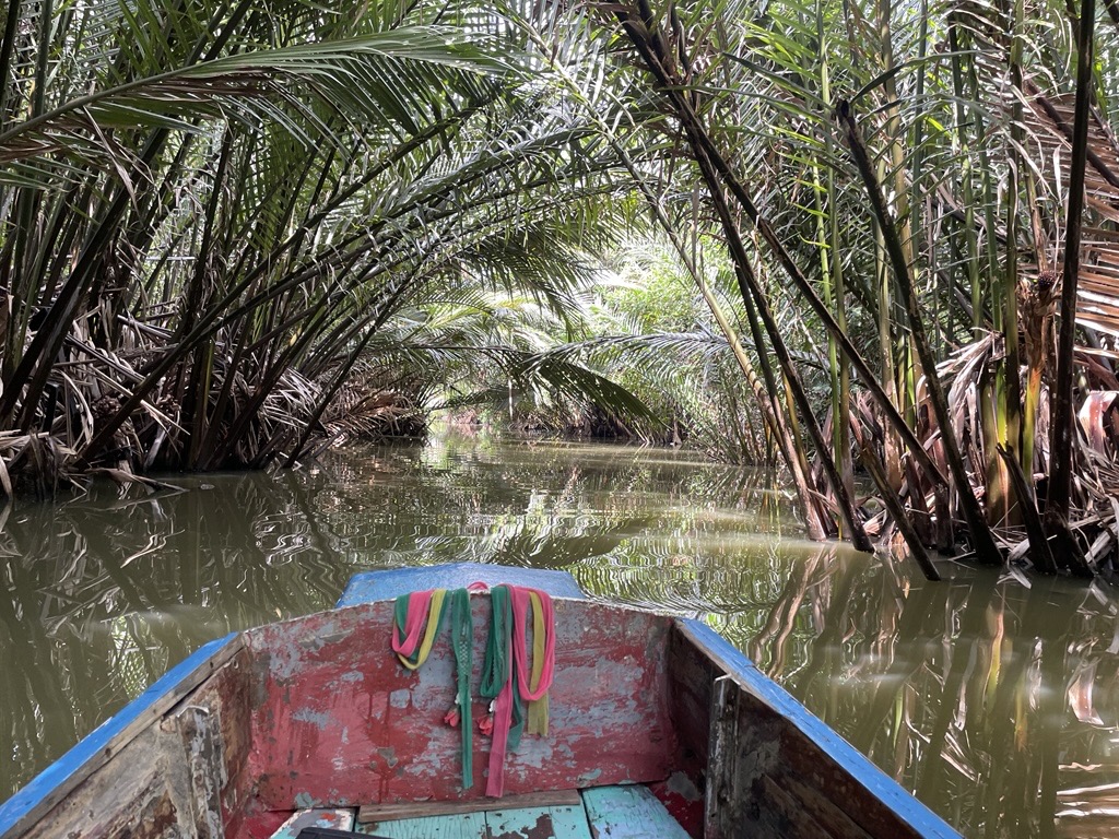 手漕ぎボートで木が生い茂る運河を探検