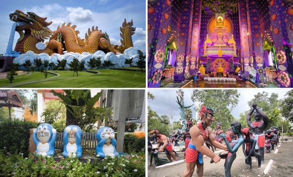 アユタヤの紫のお寺「ワット・クラーンクロン」+スパンブリー巡り（ドラ○もん寺、地獄寺）＜週末限定 / 日本語ガイド/1日/ミシュランビブグルマン獲得！ローカル食堂のボートヌードル付＞