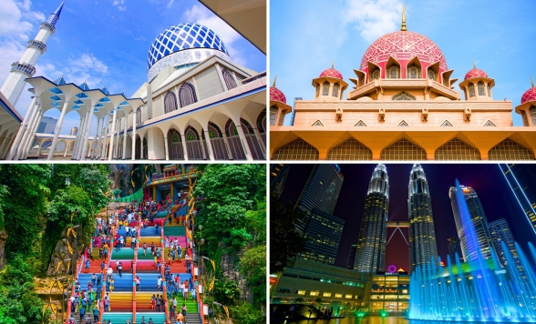 【クアラルンプール】夜まで満喫！欲張り1日観光 ピンクモスク＆ブルーモスク＋バツー洞窟＋イスラム美術館 ＜ツインタワーライトアップ＆噴水ショー鑑賞／日本語ガイド／セントラルマーケット自由散策＞