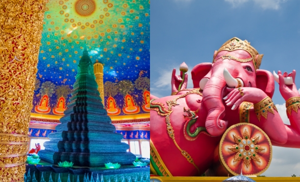 【午前発】バンコクのフォトジェニック・ハイライト  ピンクの巨大ガネーシャ ワット・サマーン  + ワット・パクナム