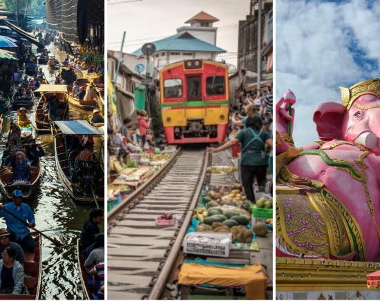 ダムヌンサドゥアック水上マーケット 手漕ぎボート乗船付き + メークロン線路市場で列車乗車ツアー + ピンクの巨大ガネーシャ ワット・サマーン