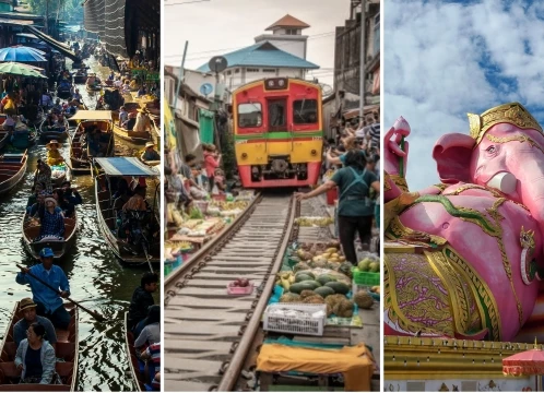 ダムヌンサドゥアック水上マーケット 手漕ぎボート乗船付き + メークロン線路市場で列車乗車ツアー + ピンクの巨大ガネーシャ ワット・サマーン