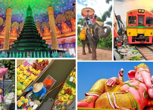 ダムヌンサドゥアック水上マーケット 手漕ぎボート乗船付き + メークロン線路市場で列車乗車+ ピンクの巨大ガネーシャ + ワット・パクナム +ジョッドフェアーズ ラチャダーナイトマーケット